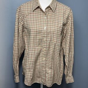 LL Bean Womens Green/Tan Plaid Flannel Shirt Large 100% Cotton